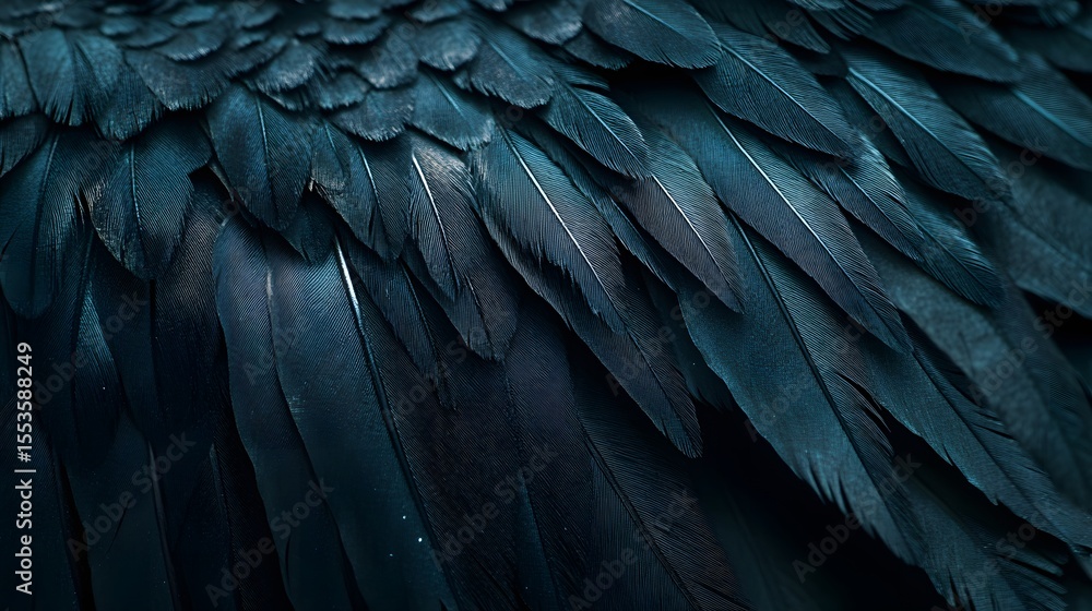 Obraz premium Detailed macro photography of raven plumage texture showcasing iridescent feather patterns and avian wing close up