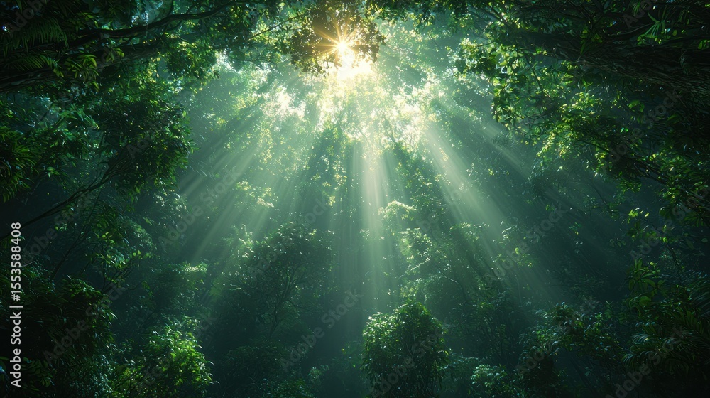 Obraz premium Sunlight streams through lush forest canopy
