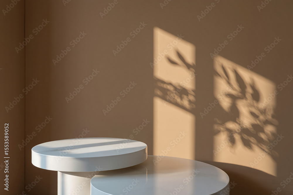 Two white round platforms against a beige wall with leaf shadows cast upon it Two white round platforms against a beige wall with leaf shadows cast upon it