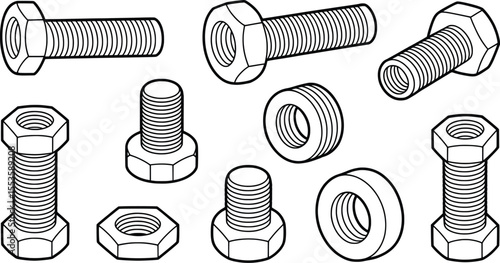 Isometric Vector Set of Bolts, Nuts, and Screws, Engineering Fasteners Illustration.