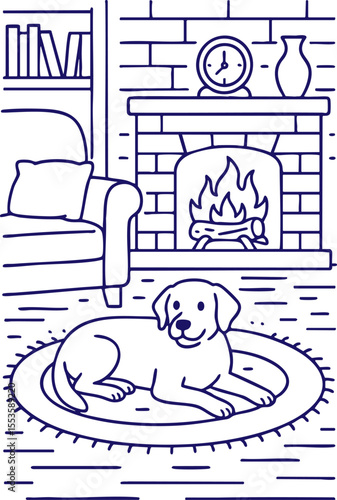 Dog resting by fireplace in cozy living room line art style