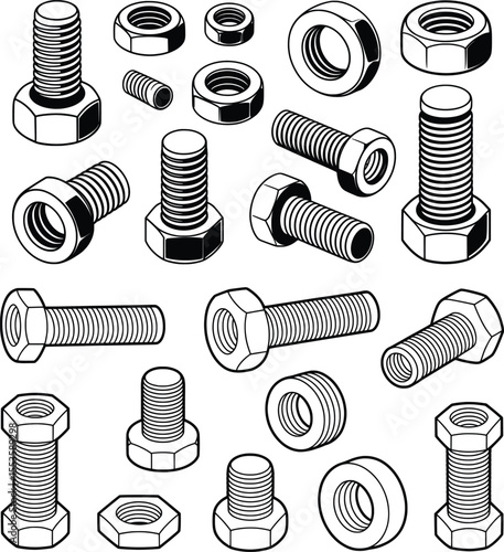 Isometric Vector Set of Bolts, Nuts, and Screws, Engineering Fasteners Illustration.