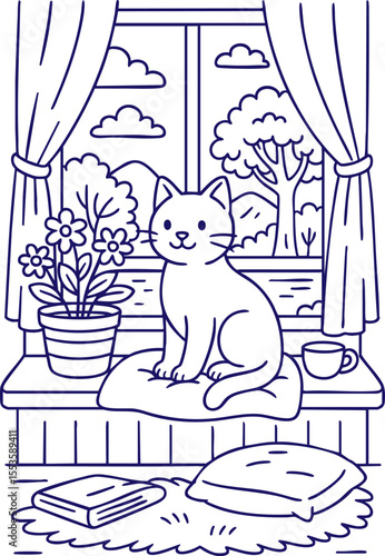 Cat sitting on windowsill with book and cup in line art style
