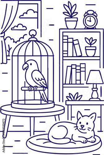 Parrot in cage and cat resting in cozy living room line art