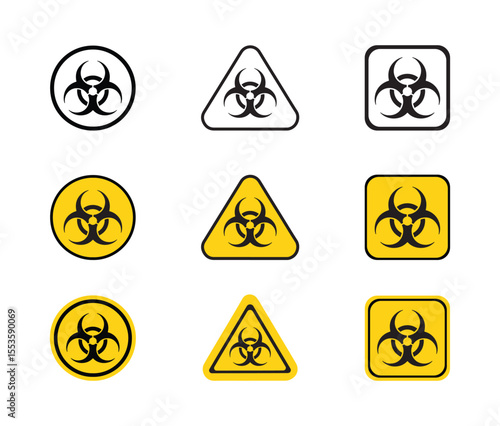 Set hazard danger yellow vector signs. Biohazard sign , Warning signs for hazardous material, safety precaution. Risk of radioactivity, nuclear and toxic sign.  vector illustration.