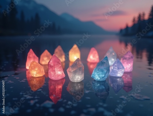 Glowing crystals on frozen lake at twilight