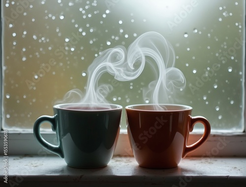Two steaming mugs by a rainy window
