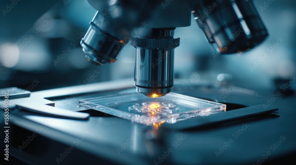 Laboratory microscope focusing on transparent biological slide with warm light and shallow depth of field ideal for scientific study, cell research and educational medical content Laboratory microscope focusing on transparent biological slide with warm light and shallow depth of field ideal for scientific study, cell research and educational medical content