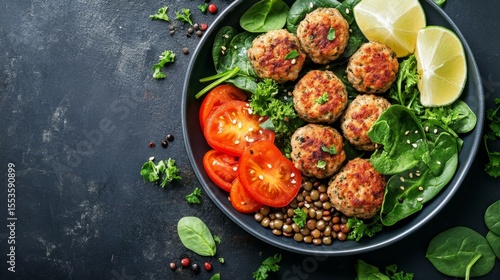 Healthy balanced plate with turkey meatballs, spinach, and lentils, nutrition and wellness concept generative ai