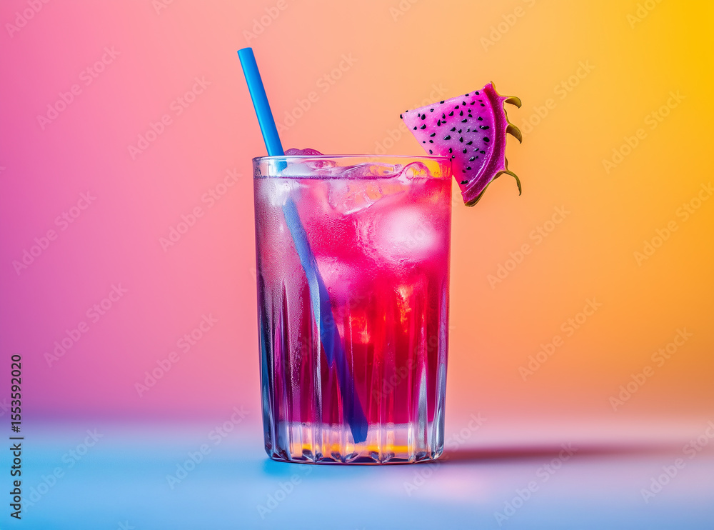 Refreshing cocktail with a vibrant dragon fruit garnish and colorful straw isolated on a gradient background Refreshing cocktail with a vibrant dragon fruit garnish and colorful straw isolated on a gradient background