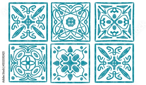 six tiles with blue watercolor patterns © ZoiaS