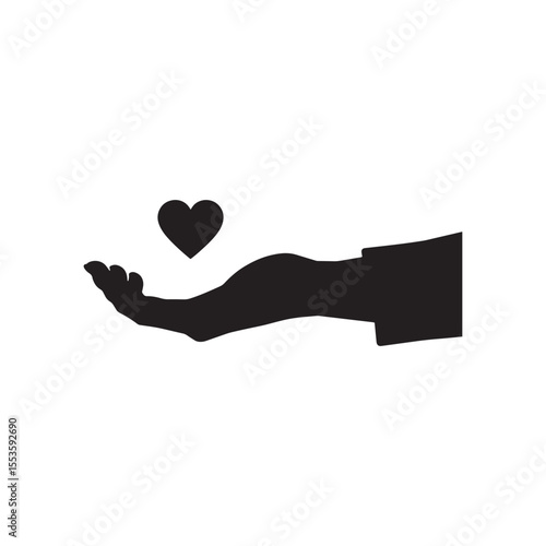Silhouette of an open hand offering a heart symbolizing love care and generosity in a simple clean graphic design