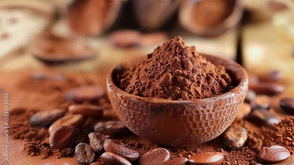 Rustic bowl brimming with rich, aromatic cocoa powder takes center stage, nestled amongst a bed of raw cocoa beans. The scene evokes the essence of chocolate making, from bean to delectable treat Rustic bowl brimming with rich, aromatic cocoa powder takes center stage, nestled amongst a bed of raw cocoa beans. The scene evokes the essence of chocolate making, from bean to delectable treat