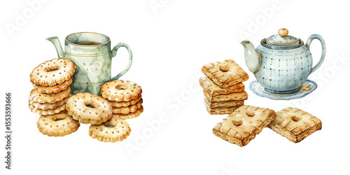 biscuits and teapot watercolor vector illustration