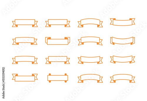 Collection of sixteen orange outline banner and ribbon shapes on white background