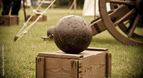 Vintage 1800s cannonball on wooden crate, Civil War reenactment, sepia-toned historical photo style