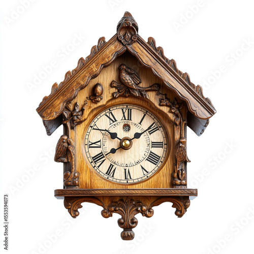 Traditional wooden cuckoo clock with carved birds and roman numerals on a white background