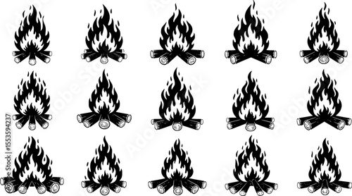 Collection of Campfire Silhouettes with Flames and Logs

