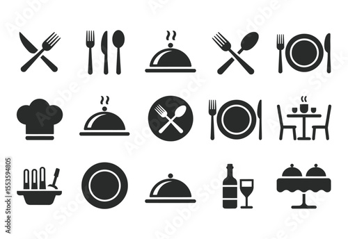 Collection of restaurant and dining icons including cutlery plates and serving dishes
