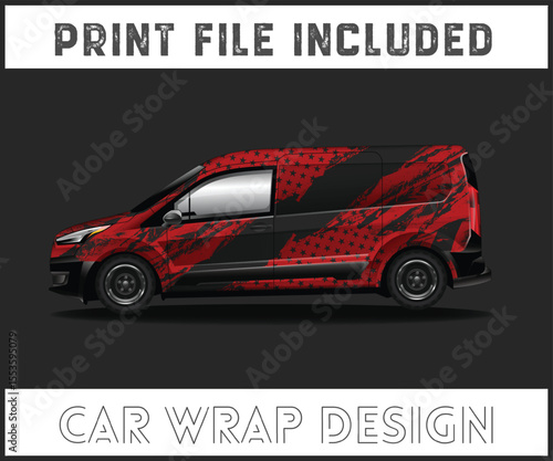 Red and Black Car Wrap Design with Stars