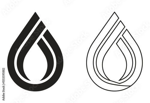 Abstract geometric droplet shape with multiple parallel lines in black and white