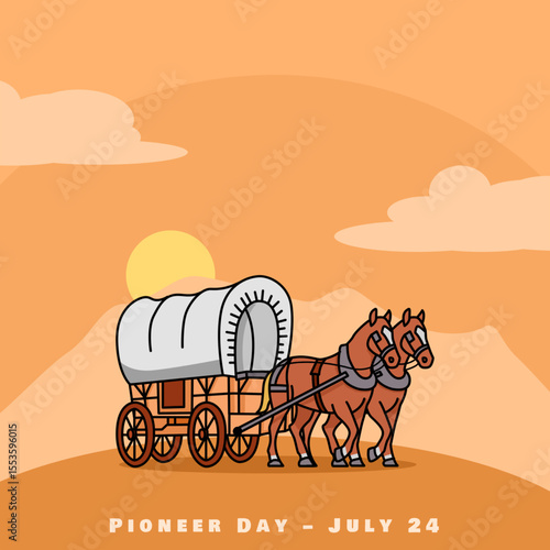 Pioneer Day to celebrate on July 24th. Illustration of a pioneer covered wagon with two horses on sunset background.