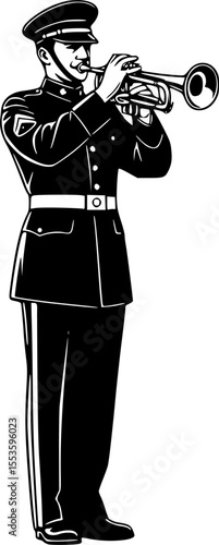 Military Trumpet Player Silhouette – Vector Illustration of Standing Bugler in Uniform
