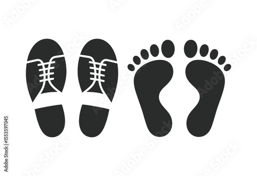 Pair of shoes and bare footprints side by side on white background