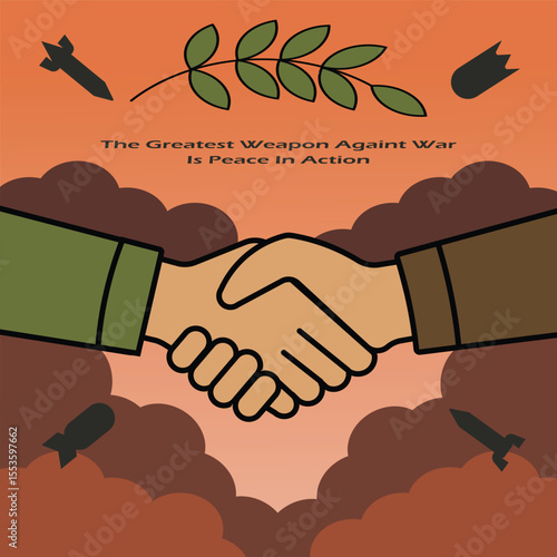 Peace Agreement Illustration – Flat Vector of Handshake Amid War Symbols and Olive Branch