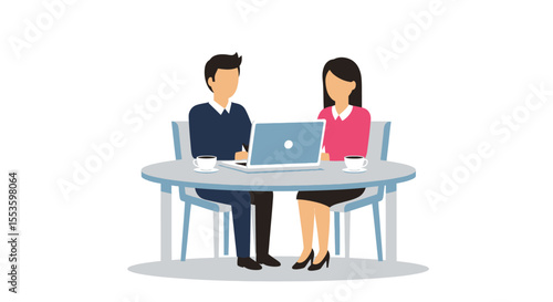 Two people sit at a table, collaborating using a laptop computer.