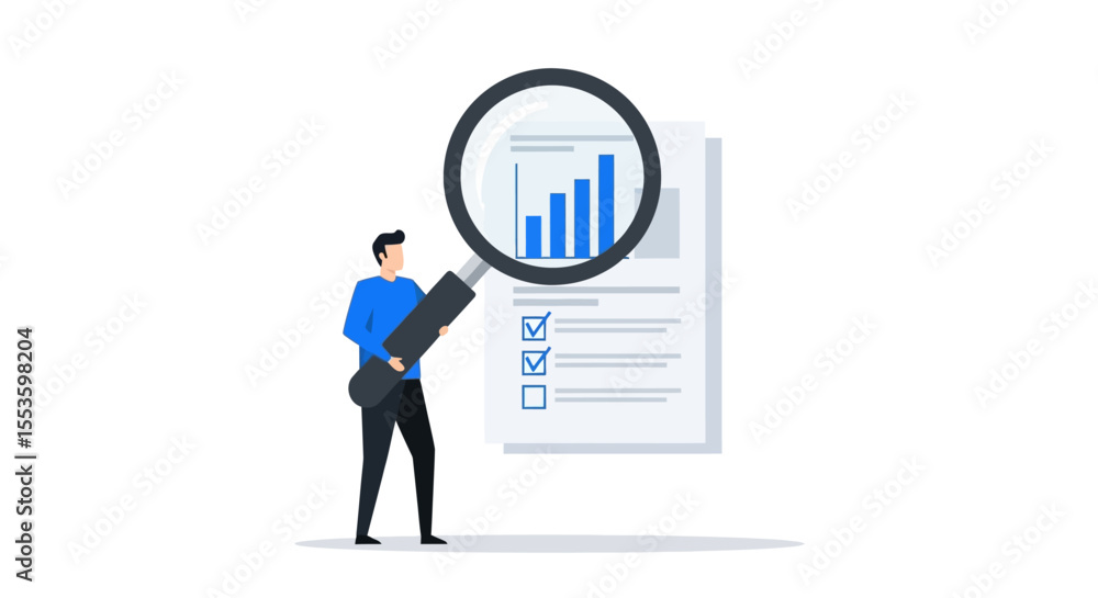 Man with magnifying glass examining a document showing a bar graph and a checklist. Man with magnifying glass examining a document showing a bar graph and a checklist.