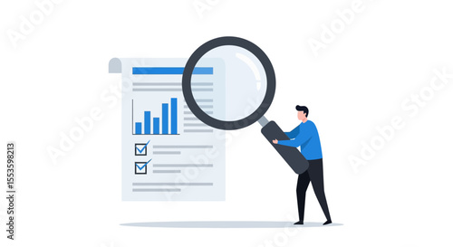 A person examines a document with a magnifying glass, highlighting data analysis and review.