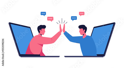 Two people giving a high five through laptop screens, with chat bubbles above them, symbolizing online collaboration.