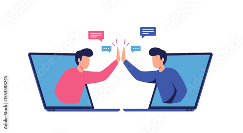 Two people give each other a high five through laptop screens, representing online collaboration and success.