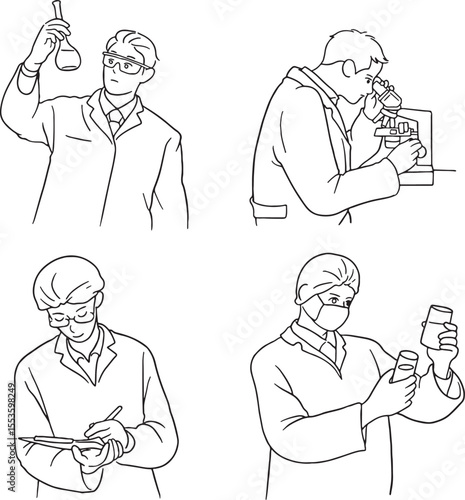 Illustrations depicting scientists and lab workers in a laboratory environment, performing various tasks such as looking at a flask, using a microscope, taking notes, and handling vials. 