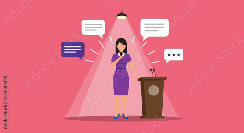 A woman orator at a podium, surrounded by speech bubbles, highlighted by a spotlight, in a presentation setting.
