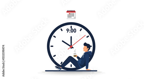 A businessman sits relaxed beneath a large clock, enjoying a coffee break, symbolizing a scheduled work break at 9:00 AM.