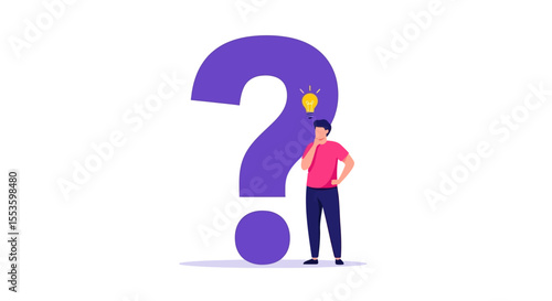 A person contemplates a large question mark, symbolizing a problem needing a solution.