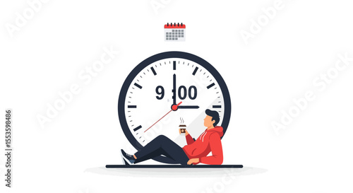 A relaxed person enjoying a coffee break, with a large clock and calendar symbolizing time management.