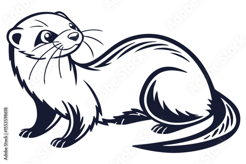 Stylized ferret illustration shows a white animal with black markings standing calmly