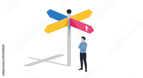 A businessman contemplates multiple directional choices presented by a colorful crossroads signpost.
