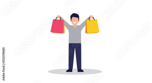 Happy man triumphantly displays shopping bags after a successful shopping spree.