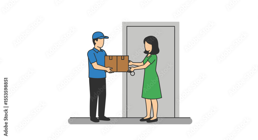 Fototapeta premium A delivery person hands a package to a woman at a doorway.