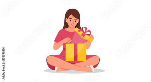 A woman in a pink dress sits cross-legged, opening a yellow gift box with a pink bow.
