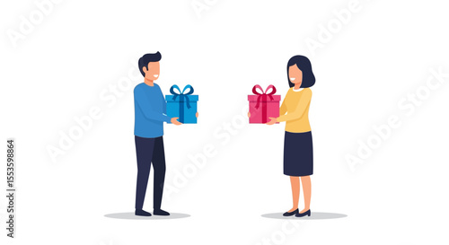 Smiling man and woman exchanging gifts, a cheerful illustration of a gift exchange.