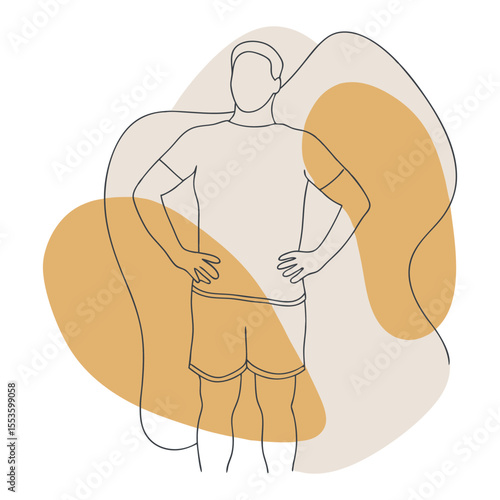 Abstract Line Art Man Beige Tan Shirt Shorts Hands on Hips Minimalist Illustration