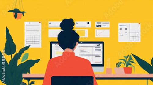 Illustrated scene of a person reviewing a completed list, feeling satisfied, productivity and order generative ai