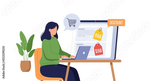 Woman seated at desk shopping online with laptop, viewing discount tags.