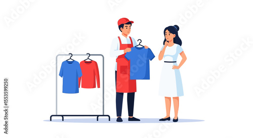 A sales clerk shows a blue t-shirt to a customer in a clothing store, with other garments on a rack nearby.