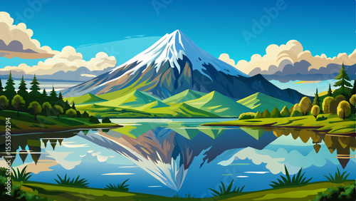 Stunning mirror lake reflecting Mount Taranaki in New Zealand. Crystal-clear water perfectly mirroring the symmetrical volcanic peak, surrounded by lush green forests under a clear blue sky